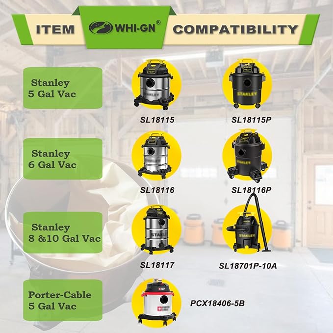 10 Pack 19-3100 Shop Vac Bags for Stanley 5-6 Gallon Wet/Dry Vacuums, Also fit Porter-Cable 5 Gal Vacs + 2 Pack 19-1500 Reusable Blue Cloth Filters(10+2) Kit