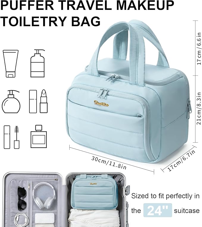 Travel Toiletry Bag for Women, Lightweight Large Quilted Puffy Makeup Bag Wide-open Make up Organizer Cloud Cosmetic Bag w/Handle for Traveling Toiletries Essentials Accessories Light Blue