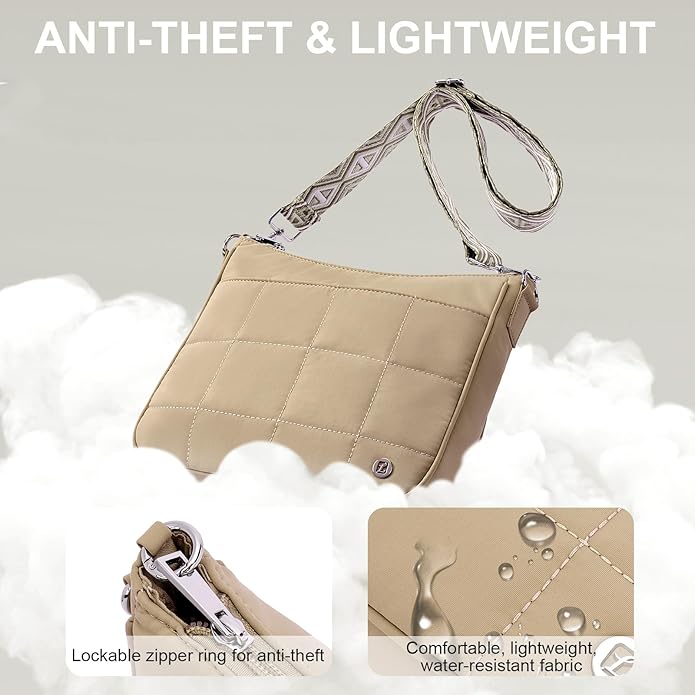 Anti Theft Crossbody Bags for Women,Quilted Puffer Travel Purses Shoulder Hobo Bag Handbag with Guitar Strap