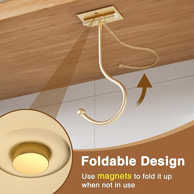 Modern Banana Hanger Hook Under Cabinet: Adhesive Banana Holder, Foldable with Magnets When Not in Use, Under Counter Banana Hook, Stainless, Hold 13 LB, Gold, 2 Pack