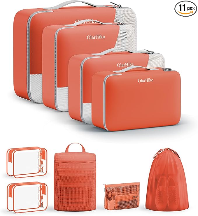 11 Set Packing Cubes for Travel, Gifts for Women Mom Kids, TSA Approved Bags for Makeup, Cosmetic, Toiletry, Suitcase Organizers for Checked Luggage,Cruise Essentials, Airplane Accessories, Orange