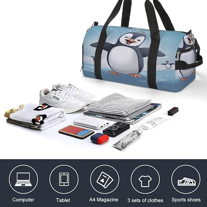 Oxford Cloth Happy Penguin Gym Bag,Duffle Bag with Shoes Compartment And Adjustable Shoulder Straps，Weekender Bags for Men Women.