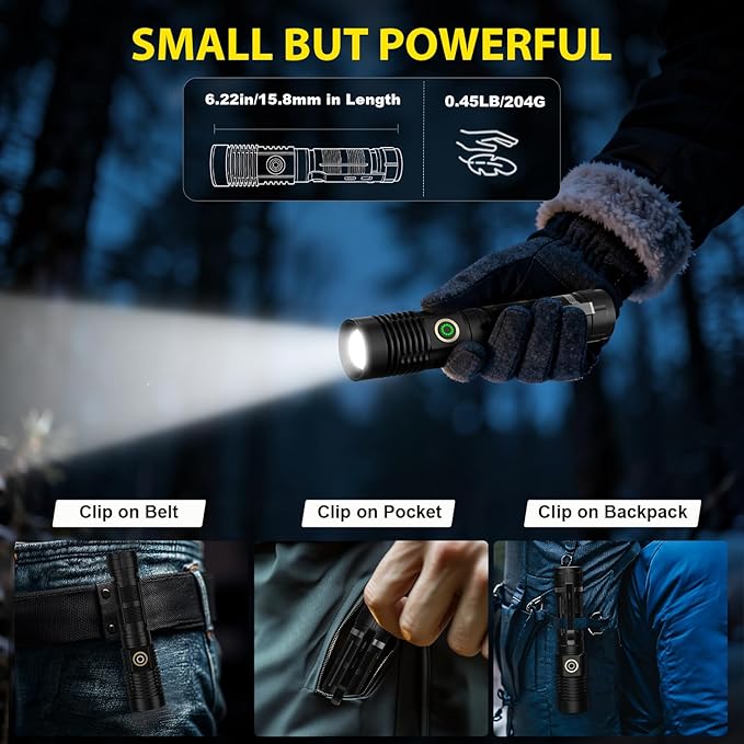Rechargeable Flashlight High Lumens, High Lumens Super Bright Magnetic Flash Light, Long-Range Zoomable LED Flashlights for Emergency, Searching, Waterproof Flashlight Dimmable