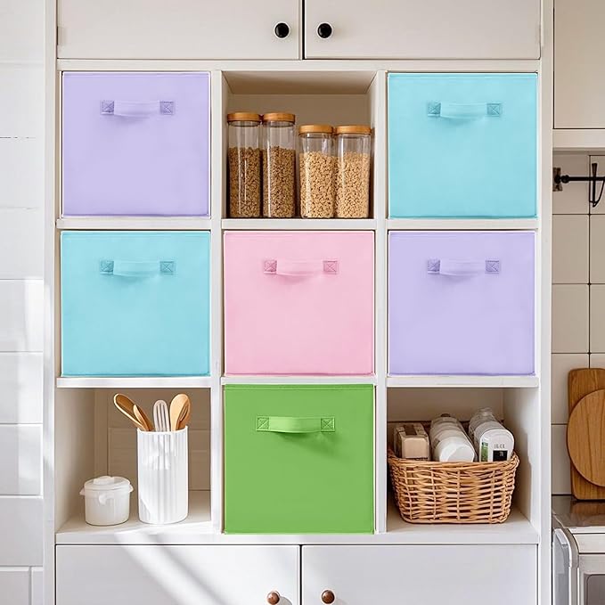 11 Inch Fabric Storage Cubes, Sturdy Foldable Storage Bins, Heavy Duty Cube Organizer for Clothes, Blankets, Shelves, Closets, Bedroom, Living Room, Multi-Color, 8 Pack
