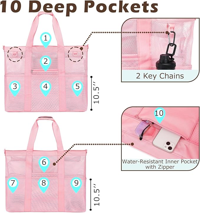 Mesh Beach Bag with Zipper, Large Beach Tote for Women, Toys Pool Swim Bag Travel Vacation Cruise Essentials