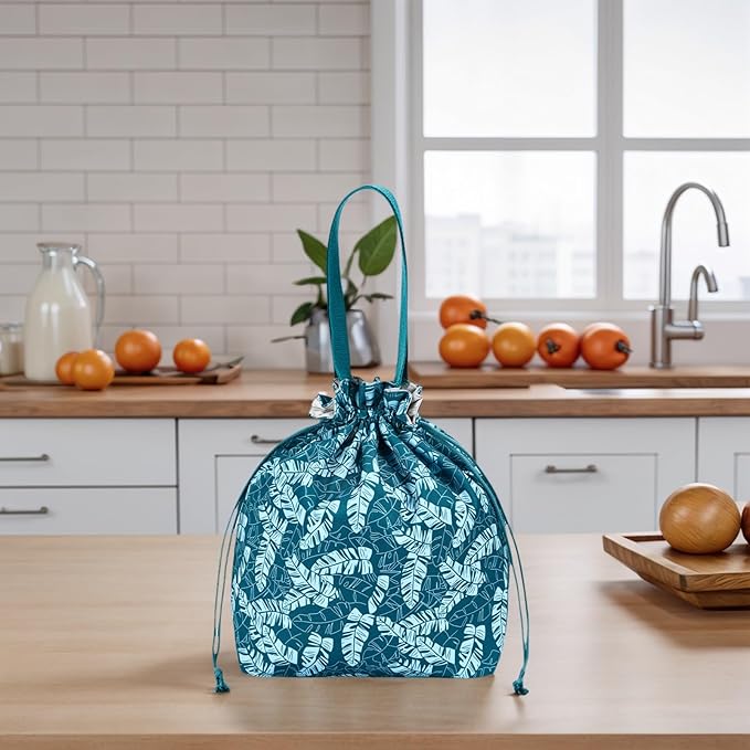 Reusable Small Lunch Bag,Drawstring Lunch Bag,Insulated Handbag Tote bag with Handle (Broadleaf Blue)