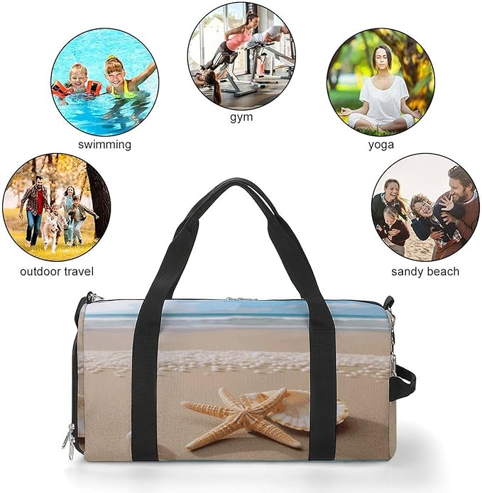 Starfish Shell And Beach Gym Bag Lightweight ，Travel Duffle Bag with Shoe Compartment，Gym Bag for Women for Overnight, Weekend, Yoga, Gym, Business Trips, Sport And Hospital.