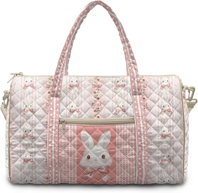COEQINE Easter Tote Handbags for Women Quilted Gym Bag Pink Quilted Bunny Cute Animal Print Quilted Tote Bags with Shoulder Strap for Overnight Travel Weekender Tote Handbags