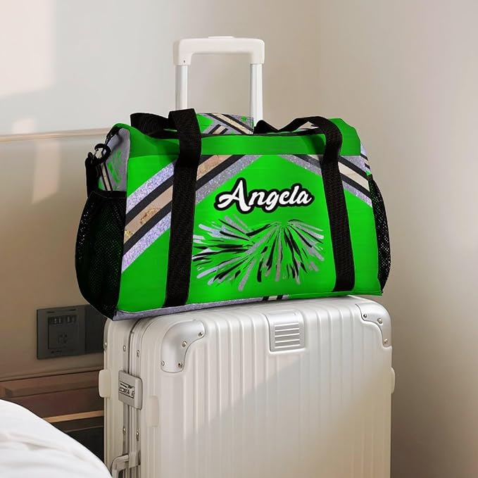 Cheerleader Green Grey Glitter Print Duffle Bag for Men Women, Personalized Custom Name Text Crossbody Bags, Travel Sport Gym Perform Training Gym Bag