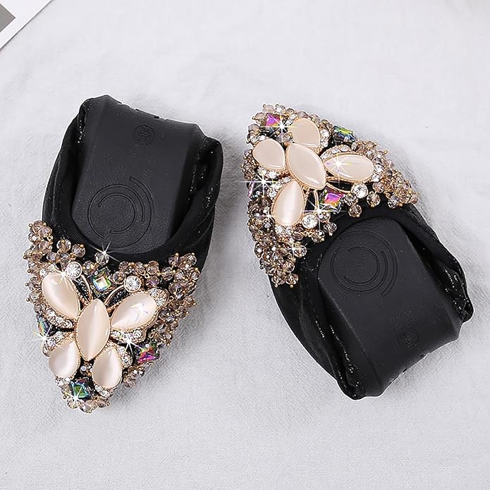 Women Ballet Flats Sparkly Rhinestone Wedding Ballerina Shoes Pointed Toe Foldable Comfort Slip on Flat Dress Shoes
