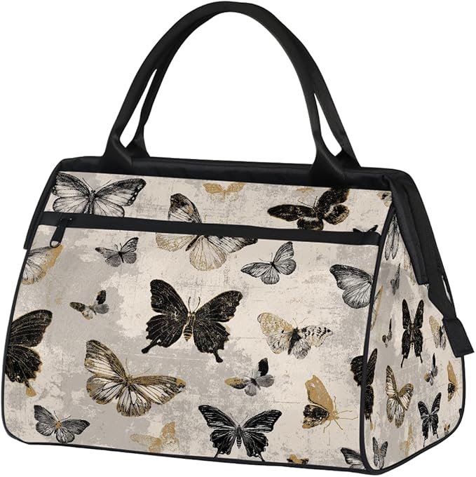 Vintage Gold Black Butterfly Overnight Weekender Bags for Women Men, Waterproof Travel Carry On Duffel Bag, Lightweight Sports Gym Bag for Fitness, Workout, Travel