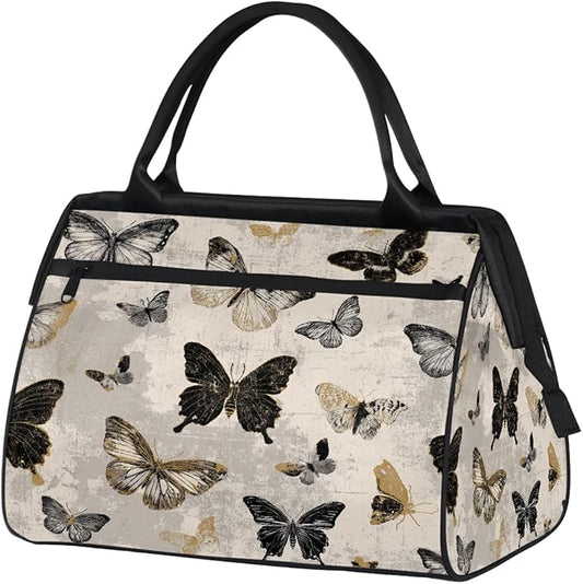 Vintage Gold Black Butterfly Overnight Weekender Bags for Women Men, Waterproof Travel Carry On Duffel Bag, Lightweight Sports Gym Bag for Fitness, Workout, Travel