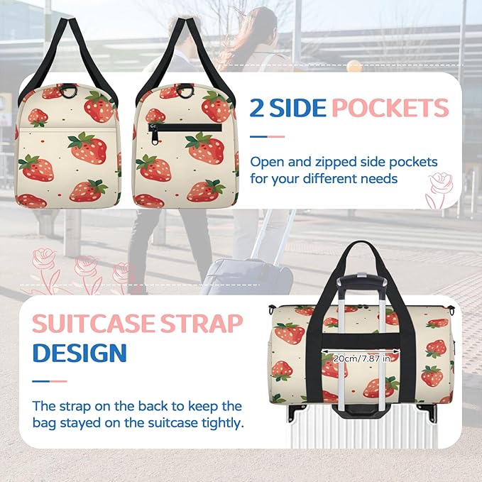 Strawberry Cute Travel Duffle Bag for Women Men, Overnight Weekender Bag, Carry on Tote for Sport Gym