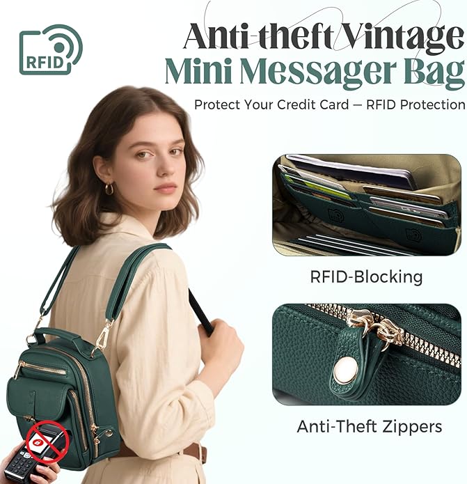 Vegan Leather Crossbody Bag for Women with 2 Straps, Small Messenger Bag with Anti Theft Zipper Pocket Vintage Shoulder Bag