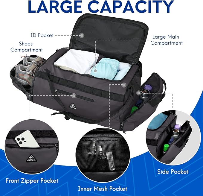 Haimont Duffel Backpack Bag 50L Water Repellent Sports Gym Bag Foldable Men Women with Shoe Compartment for Travel Hiking Camping Outdoor, Upgrade, Dark Grey