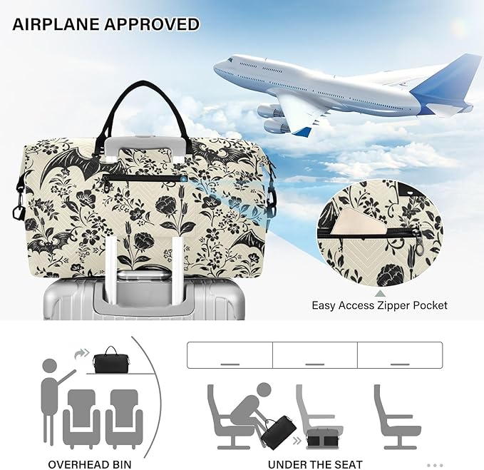 Goth Bat Quilted Travel Bags Weekender Duffle Bags With Toiletry Bag Carry on Overnight Duffels Yoga Gym Bag for Airplanes Business Sports