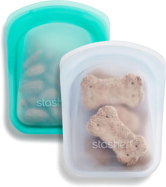 Stasher Premium Silicone Reusable Food Storage Pocket Bags, 2-Pack, Clear + Aqua, Multi-Use Food Storage Bags, Lunch Bag, Travel Containers, BPA Free, Leak-free, Dishwasher-Safe, Eco-friendly, 4 Oz