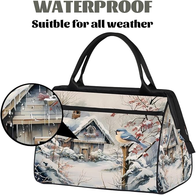 Travel Duffel Bag, Winter Christmas Bird Waterproof Sports Gym Duffle Bag, Large Capacity Weekender Carry On Overnight Bags for Women Men