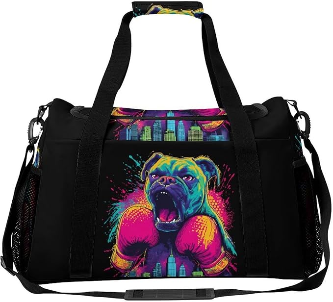 Boxer Dog Pop Boxing City Duffle Bag Gym Bag for Workout Travel Tote with Detachable Straps
