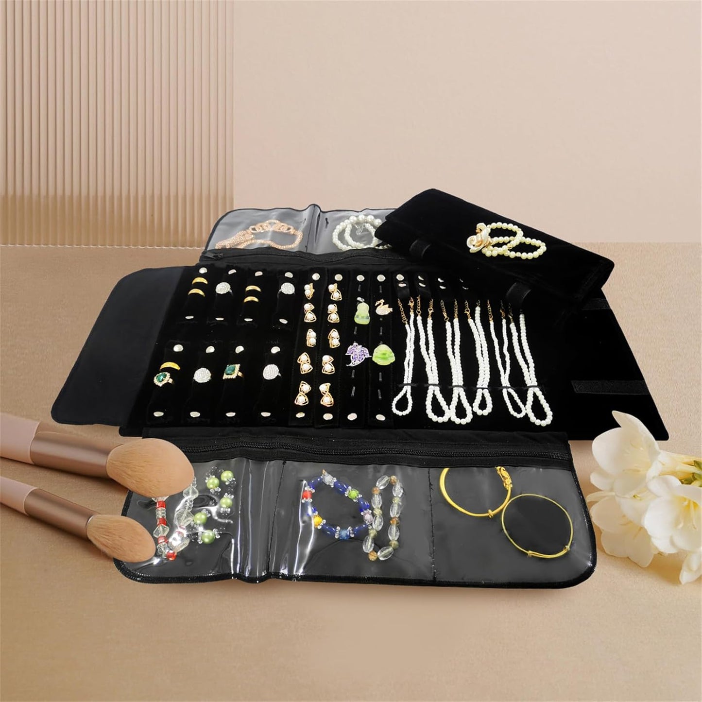 Velvet Travel Jewelry Case Roll Bag Organizer for Necklace Bracelet Earrings Ring (Black)