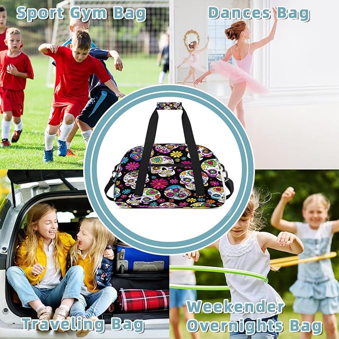Gym Bag for Women Men, Floral Sugar Skulls Travel Duffle Bags for Dance Ballet Overnight, Carry-On Weekender Bag with Detachable Shoulder Strap