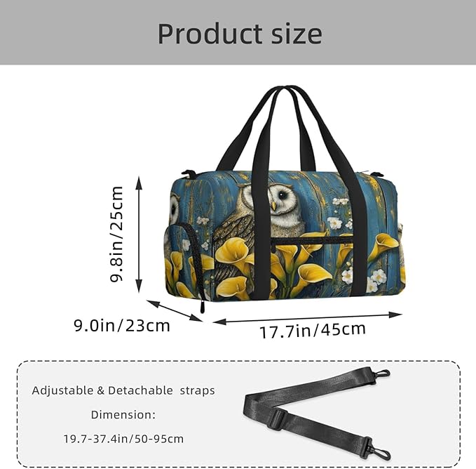 Sports Gym Bag Owl Yellow Calla Lilies Wooden Board Travel Duffel Bag With Shoe Compartment Shoulder Strap, Lightweight Water-Resistant Weekend Overnight Totes For Women Men