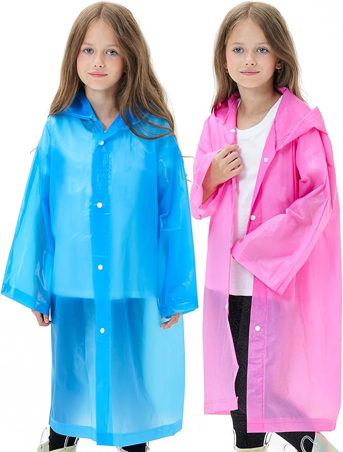 2 Pack Reusable Waterproof Raincoat EVA Emergency Rain Ponchos One Size Rain Jacket for Children, Boys and Girls