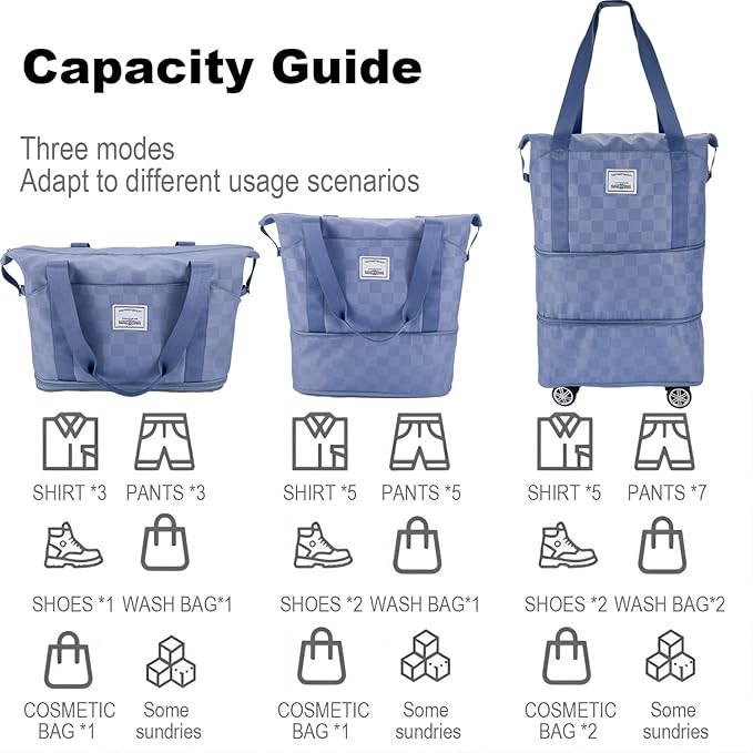 Expandable foldable duffel bag suitcase, detachable rolling wheels,carry-on large duffel bag,luggage bag,suit gym,camping,travel or business trip,Gift for wife and parents-Checkerboard(BLUE)