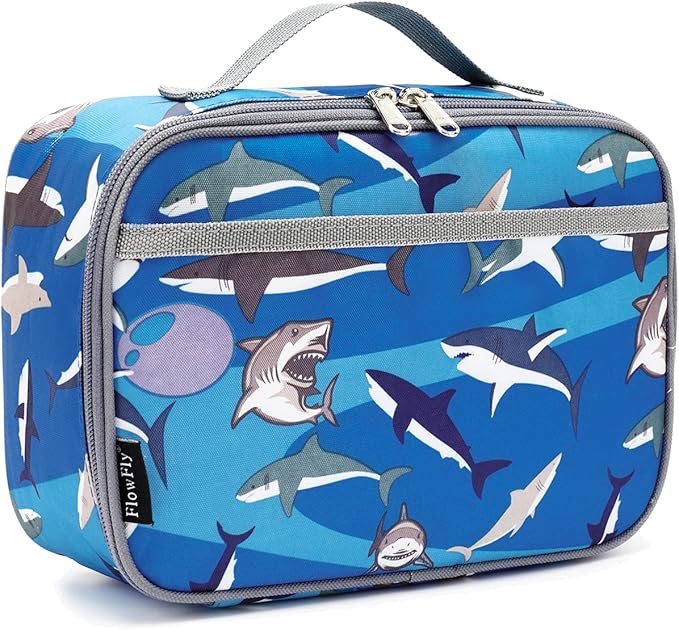 FlowFly Kids Lunch box Insulated Soft Bag Mini Cooler Back to School Thermal Meal Tote Kit for Girls, Boys, Shark