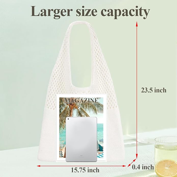 Beach Tote Bag for Women, Crochet Boho Aesthetic Mesh Shoulder Summer Vacation