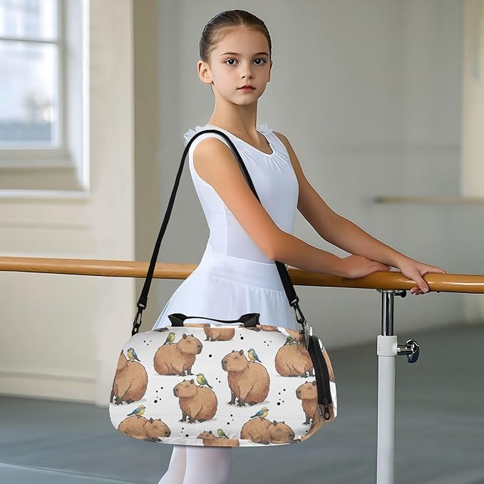 Capybara Bird White Pattern Kids Sports Duffle Bag for Boys Girls Toddler Weekender Overnight Bag with Shoe Compartment & Wet Pocket Kids Carry On Shoulder Bag for Travel Gym Sport Dance