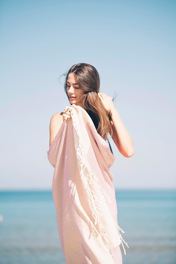 Bazaar Anatolia Turkish Beach Towel 100% Cotton Bath Towels 71x39 Quick Dry Sand Free Lightweight Large Oversized Herringbone Light Pink