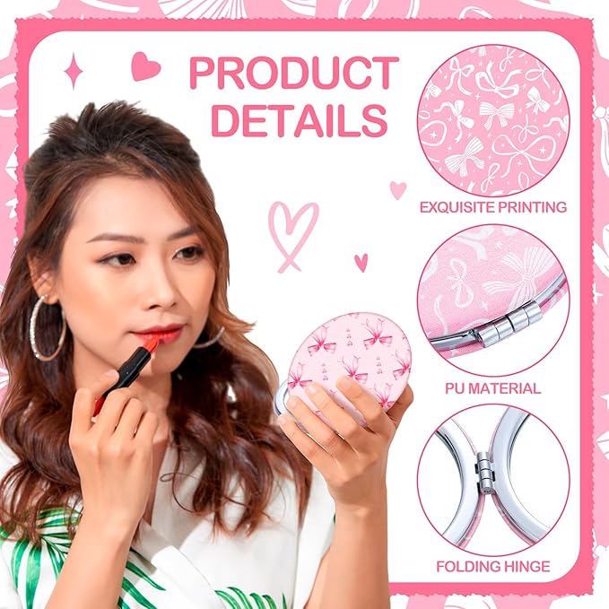 Weysat 9 Pcs Coquette Pink Bow Compact Mirrors Double Sided Magnifying Makeup Mirrors with PU Leather Case Portable Round Pocket Mirror for Women Girls for Mother's Day Travel Bathroom Wedding Gifts