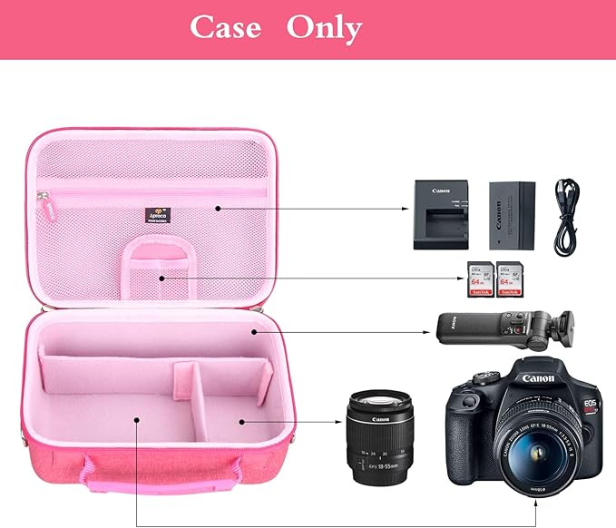 Aproca Camera Case for Canon EOS Rebel T7, R50, R6 Mark II, R100, R50 V, R8, T6, R10, SL3, R5 Mark II, 5D Mark IV, R7, 90D, R5, T100 Camera, Lens, Tripod with 4 DIY Dividers and a Shoulder Strap-Pink
