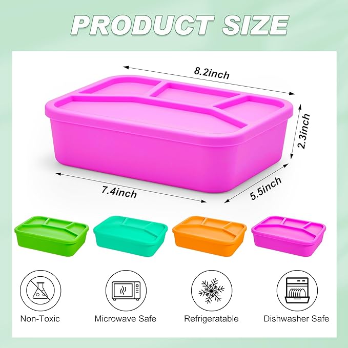 4 Pcs Silicone Bento Box Reusable Lunch Container Smooth Leak Proof Lunch Box Rectangle Bento Boxes for Adult Work Travel Food Meal Compartment Storage, 4 Colors (Brilliant Color)