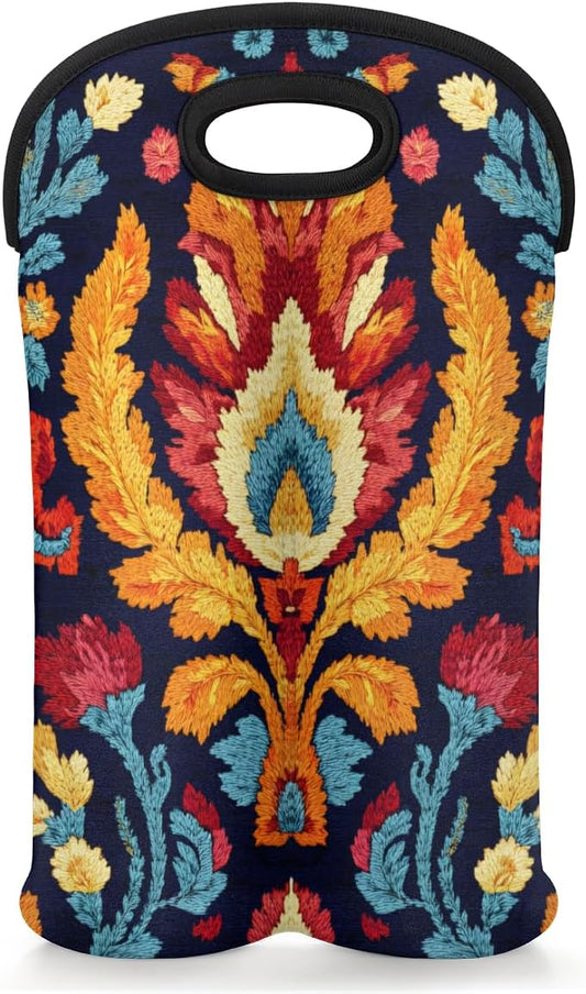 Neoprene Wine Tote, Bottle Carrier Gag Insulating Neoprene Thicker, Insulated Wine Bag for Travel Holds Two Bottles, Bottle Carrier Bags Protect the Bottles, Colorful Totem