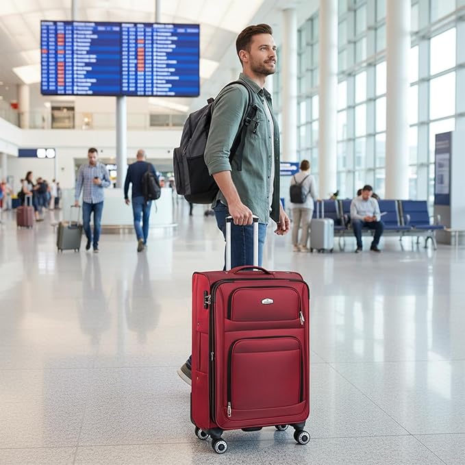 26" Luggage Softside Expandable 15% Checked Luggage with Double Spinner Wheels Combination LOCK,Lightweight Travel Suitcase for Men/Women（Red,26in）