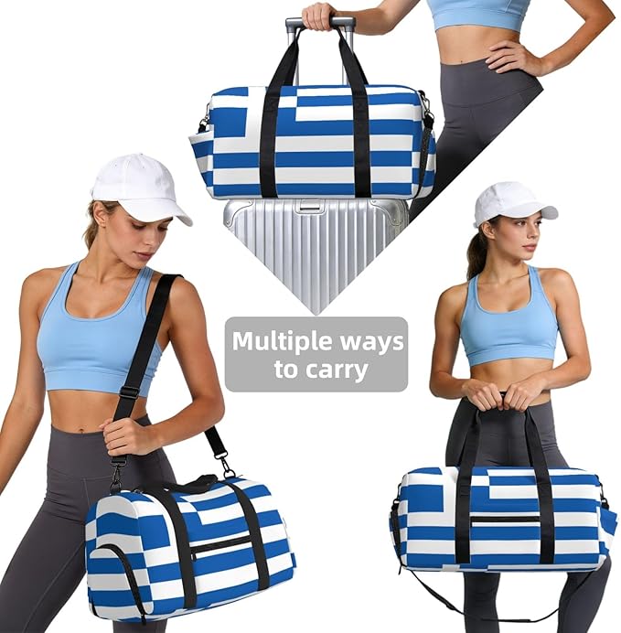 Greek flag Print Gym Bag with Shoe Compartment for Women Men, 17.7in Sports Duffle Weekender Tote, Overnight Travel Duffel Bag Carry On