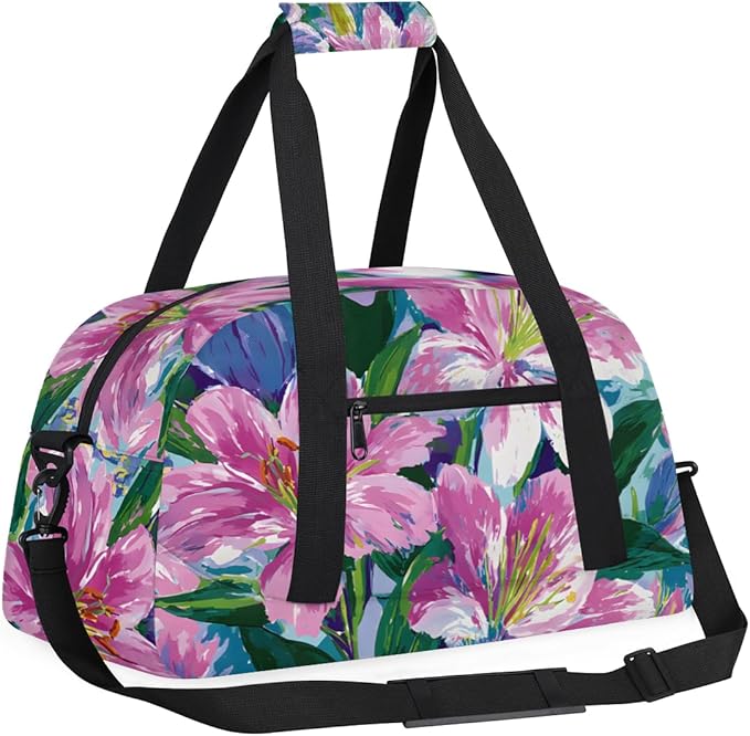 Flower Lily Gym Travel Duffle Bag for Women & Men with Front Zipper Pocket for Sports, Overnight, Weekender, Carry On,Workout & Dance Bag,Floral Lily,18.9 * 8.7 * 10.6 in