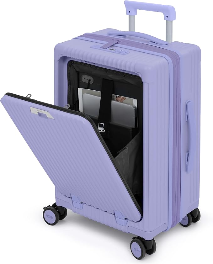 Nobl Travel Carry On Expandable Luggage, Noble Aluminum Frame PC Hard Shell Suitcase, 22.5”x14.2”x9.8” Airline Approved, 360° Spinner Wheels, TSA Locks, USB Charging, Cup & Phone Holder - Lavender