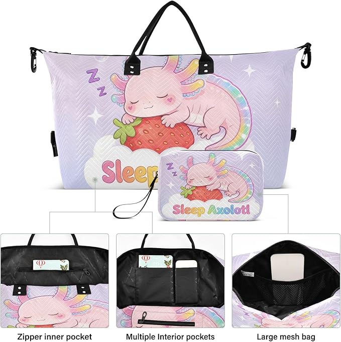 Travel Duffle Bag, Sleep Axolotl Strawberry Gym Bag with Storage Bag Weekender Overnight Bag for Men Women Trip Sports Yoga