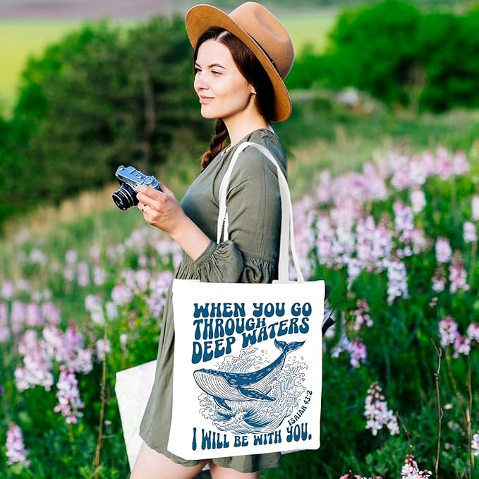 Floral Beach Whale Shark Gifts Jellyfish Christian Canvas Tote Bag for Work Totes for Women Christmas Bible