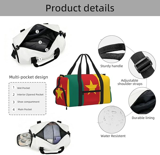 Flag of Cameroon Print Gym Bag with Shoe Compartment for Women Men, 17.7in Sports Duffle Weekender Tote, Overnight Travel Duffel Bag Carry On