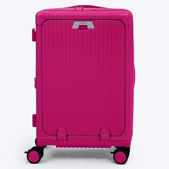 Nobl Travel Carry On Expandable Luggage, Noble Aluminum Frame PC Hard Shell Suitcase, 22.5”x14.2”x9.8” Airline Approved, 360° Spinner Wheels, TSA Locks, USB Charging, Cup & Phone Holder - Hot Pink