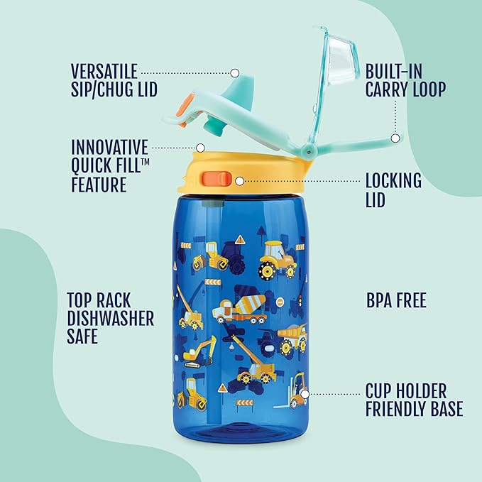 Ello Kids Pop & Fill 16oz Tritan Plastic Water Bottle with Quick Fill Technology, Leak Proof Locking Lid, Sip & Chug, BPA Free, Dishwasher Safe, For School, Lunchboxes, Construction