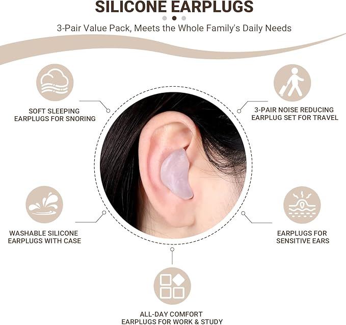 6 Pcs Transparent Wax Earplugs for Sleeping & Swimming, Reusable Moldable Noise Cancelling Ear Plugs, 32dB NRR for Snoring, Travel, Concerts & Work