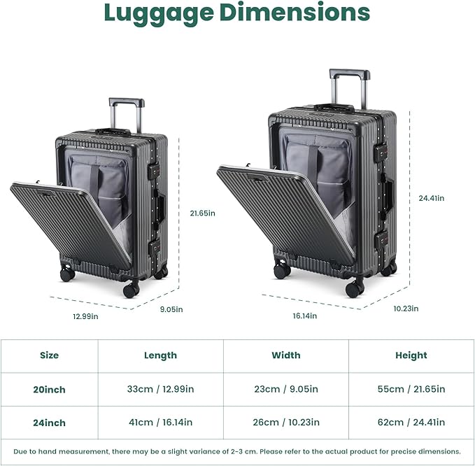 20 Inch Aluminum Frame Carry On Luggage with Front Pocket, USB Port, Phone Holder & Cup Holder, Hard Shell Spinner Suitcase for Airplane Travel, Grey