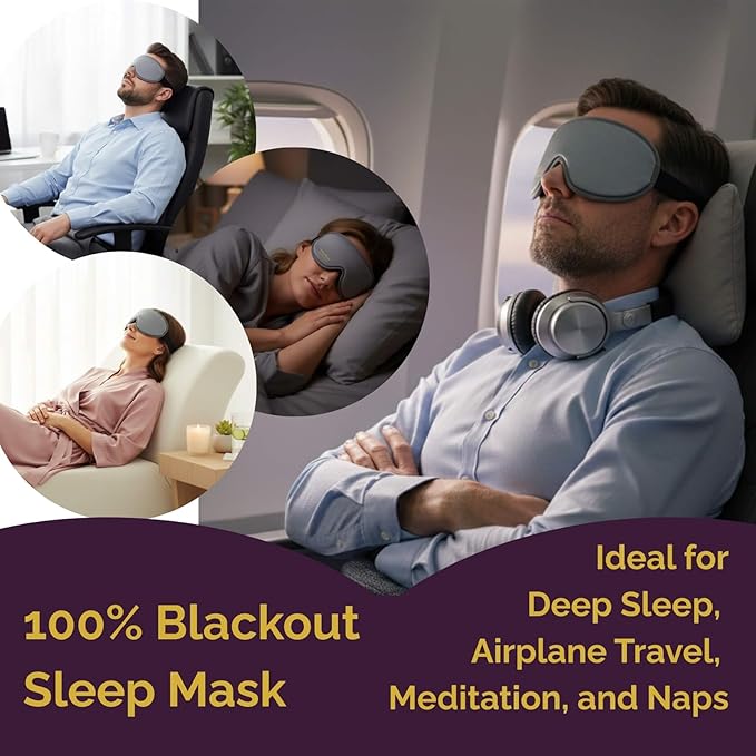 3D Contoured Eye Mask for Travel - 100% Blackout Sleep Mask for Men Women - Zero Eye Pressure Adjustable Eye Cover for Nap, Office & Meditation, Comfortable & Soft - Slate Gray