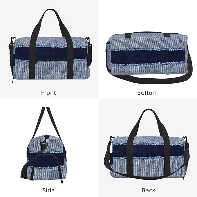 Denim Blue Jeans Bleached Denim Fabric Women'S Gym Duffle Bag With Shoes Compartment, Ideal For Travel, Gym, Sports, Duffel, Weekender