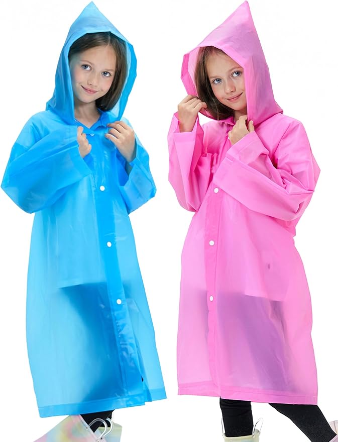 2 Pack Reusable Waterproof Raincoat EVA Emergency Rain Ponchos One Size Rain Jacket for Children, Boys and Girls